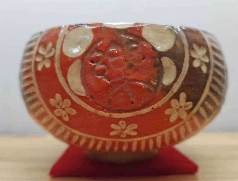 送料込【逢絢亭】茶道具 茶碗 楽焼 赤楽 俵形茶碗 表千家書付 楽吉左衛門 共箱