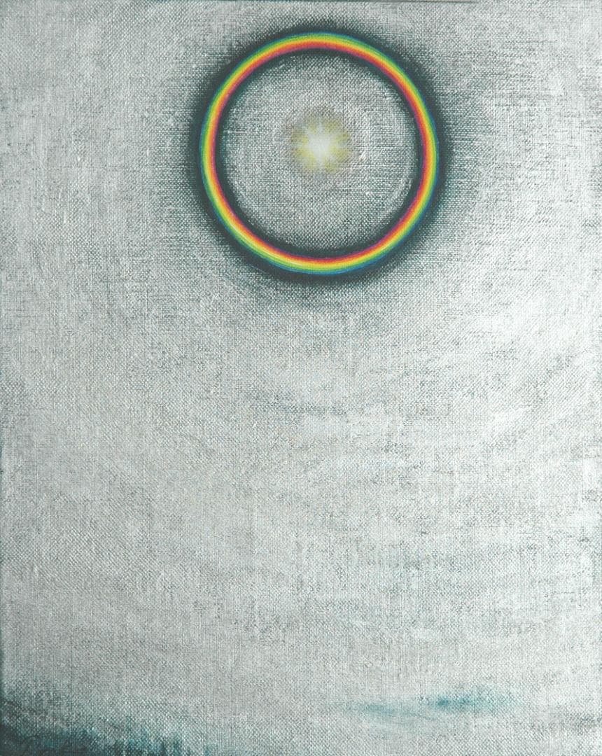 油絵 菅家令子 絵 絵画インテリア額付(青緑＋金色の枠)F3-S102023祈り