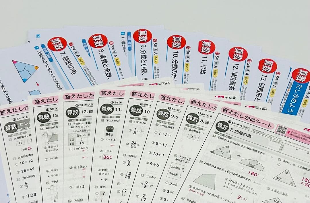 小学5年生　カラー　テストプリント　答えたしかめ、見なおしシート　まとめ売り