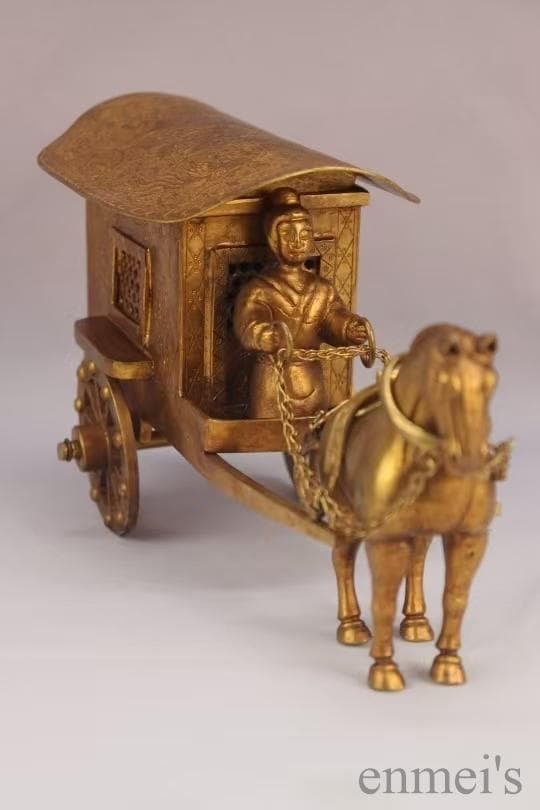 中国古美術 旧蔵 鍍金銅馬車 精銅製 彫刻置物 装飾 文房置物 純手作り 重器